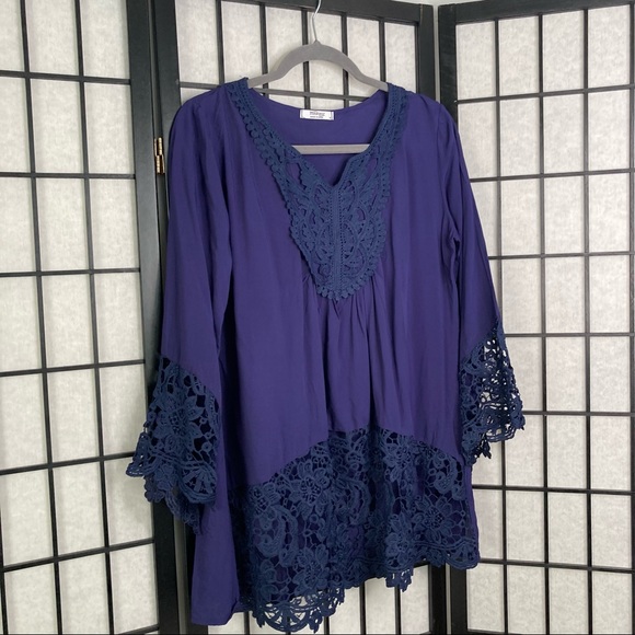Anthropologie Lace Flare Sleeve Blouse Blue Small - Picture 6 of 14